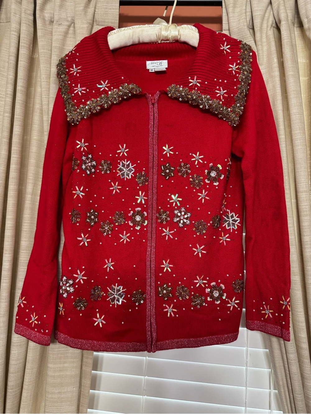 just be Red Embellished Zip-Front Holiday Sweater Jacket